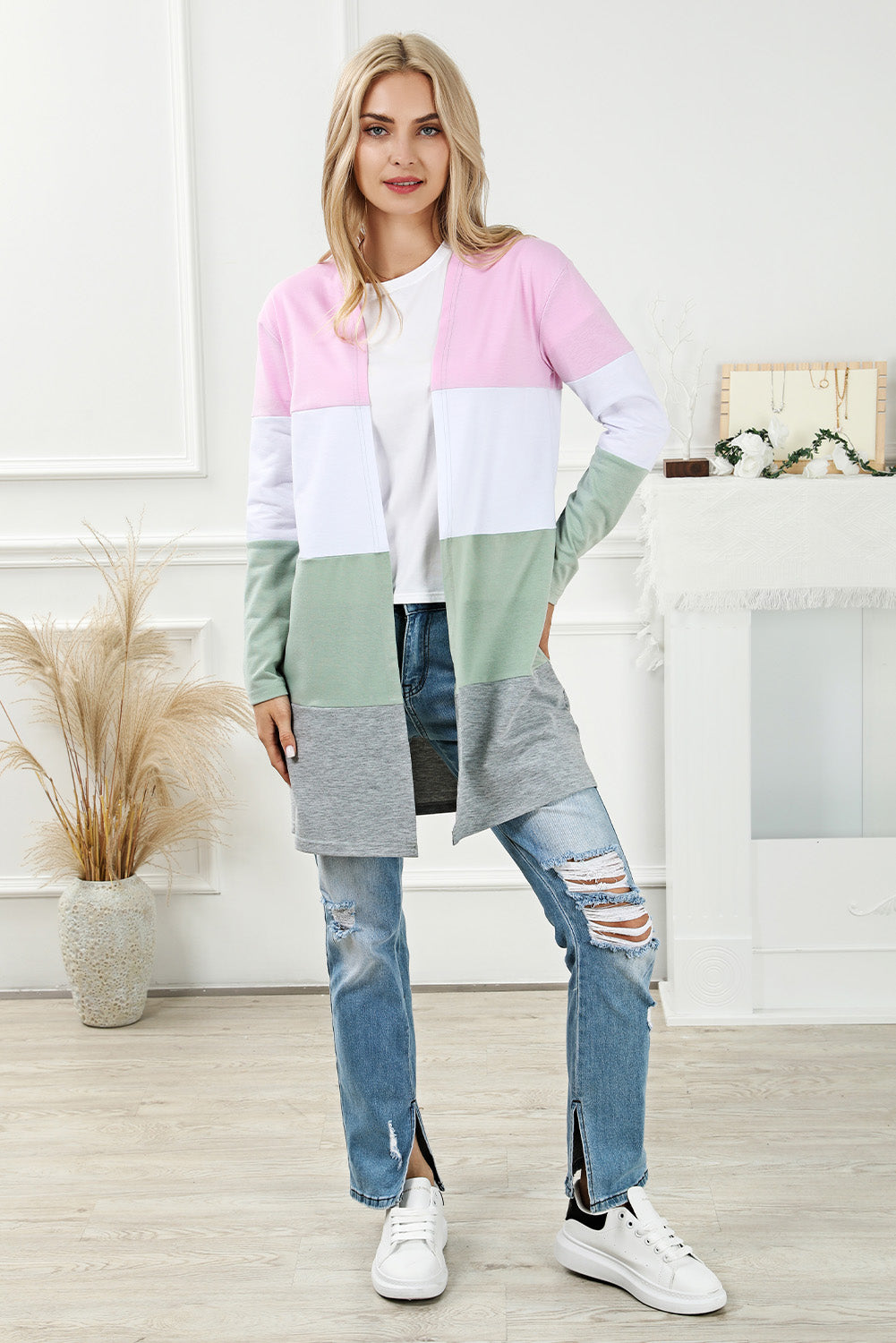 Plus Size Colorblock Open Front Cardigan