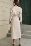 Satin Wrap Tie Side Boat Neck Long Sleeve Dress