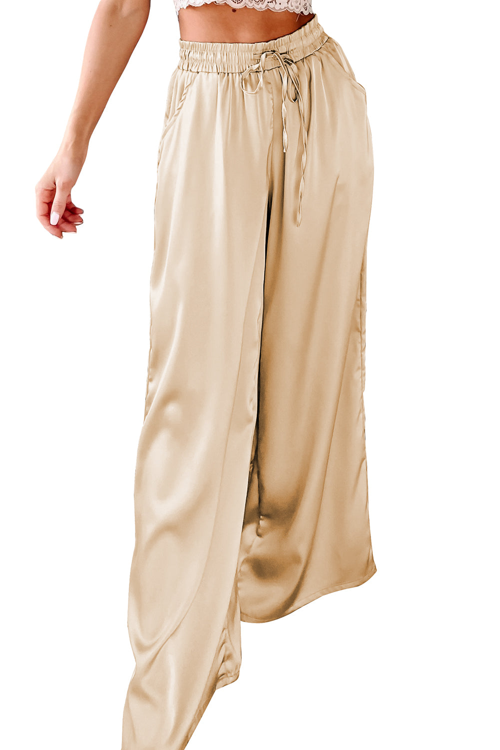 Pockets Drawstring High Waist Wide Leg Pants