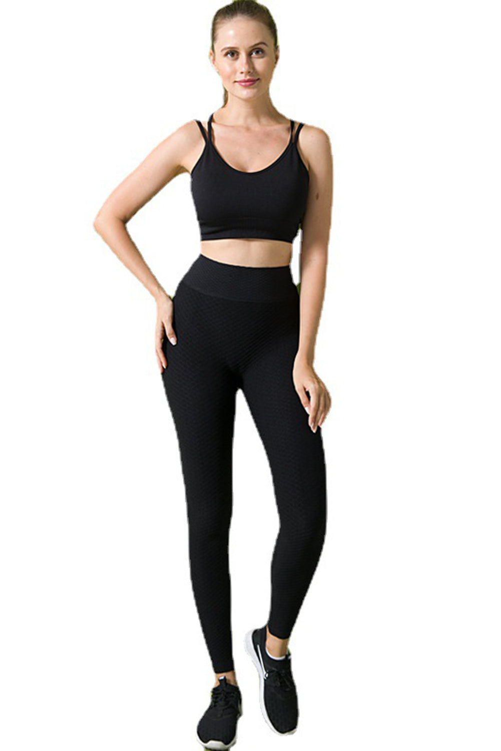 Leggings de sport actifs taille haute de couleur unie noire