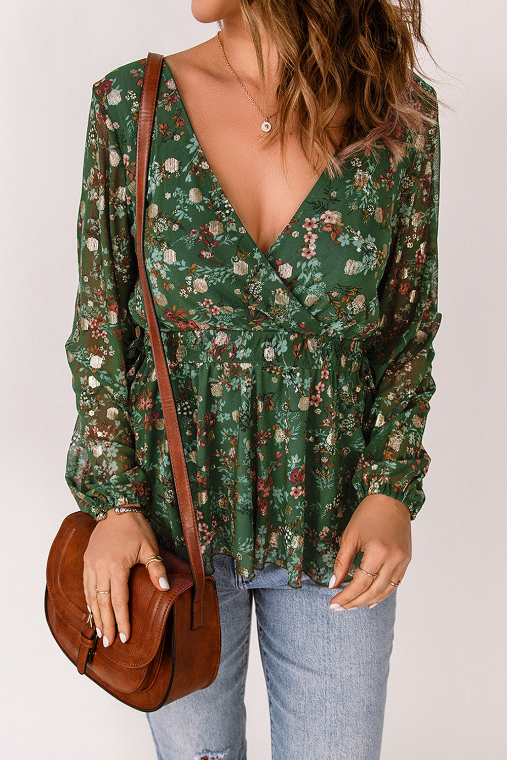 Floral Print Wrap V Neck Peplum Top