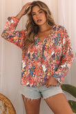 Blouse multicolore à col en V et manches longues à fleurs style bohème