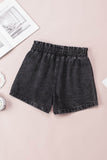 Retro Bleach-washed Ruffled Elastic High Waist Denim Shorts