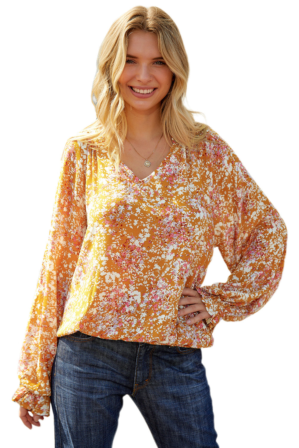 Blouse fleurie jaune fendue à col en V 