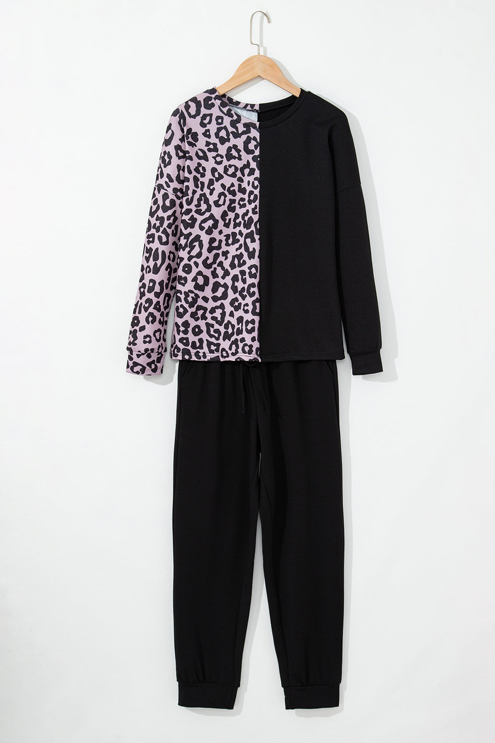 Contrast Leopard Long Sleeve Pullover and Joggers Outfit