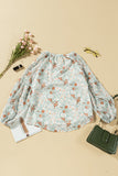 Green Floral Print V Neck Long Puff Sleeve Top