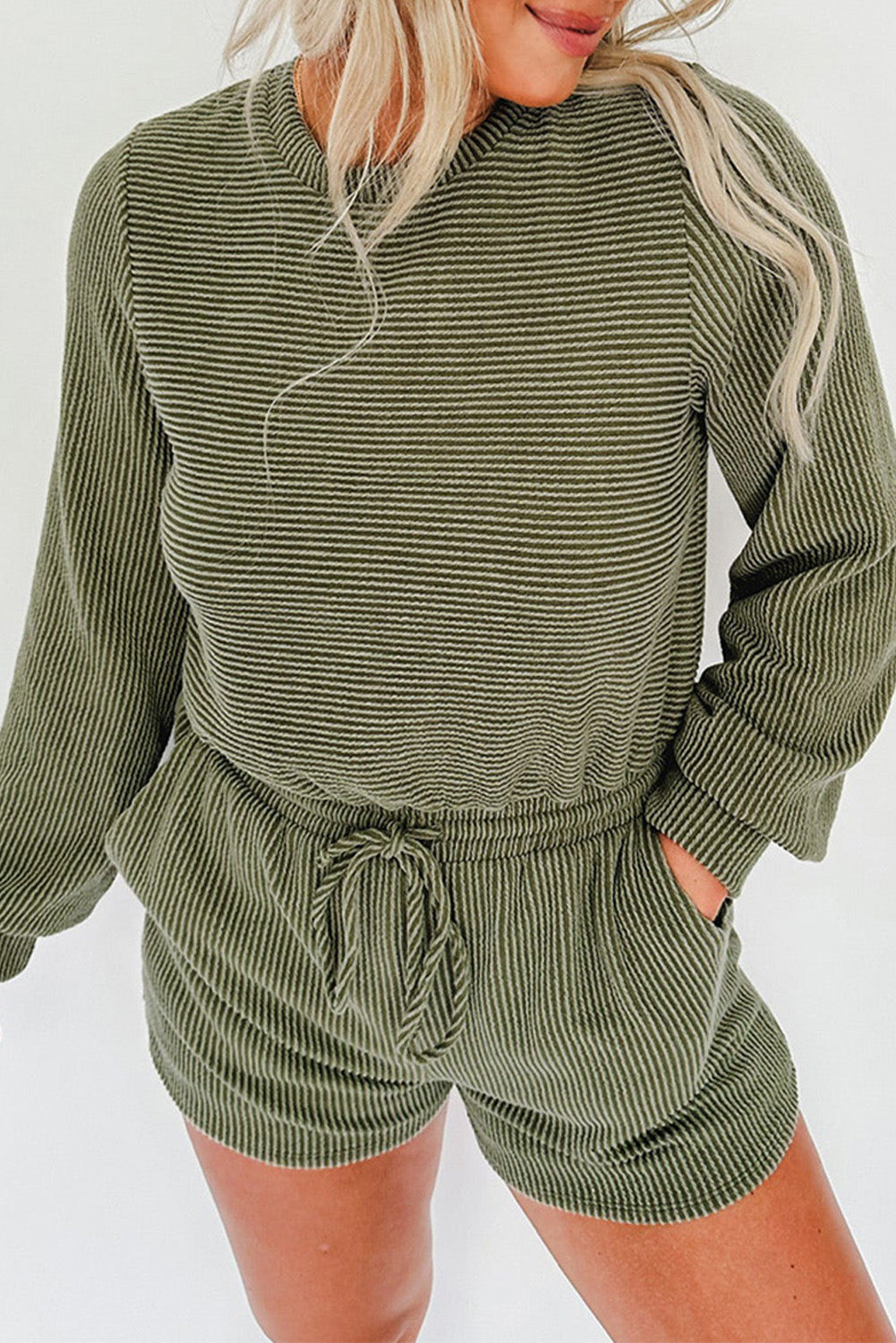 Corded Pullover Long Sleeve Drawstring Romper