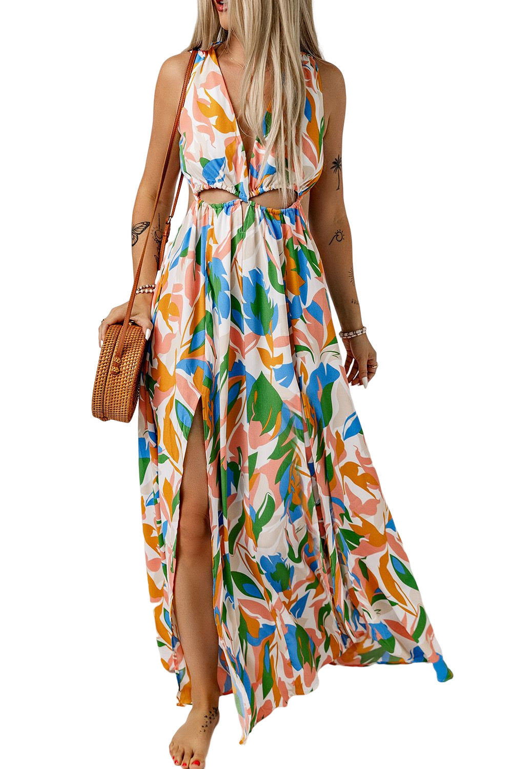 Leaf Print Cut-out High Slit Maxi Dress