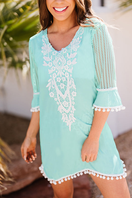 Crochet Pom Pom Trim Beach Tunic Cover up