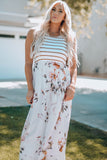 Striped Floral Print Sleeveless Maxi Dress with Pocket