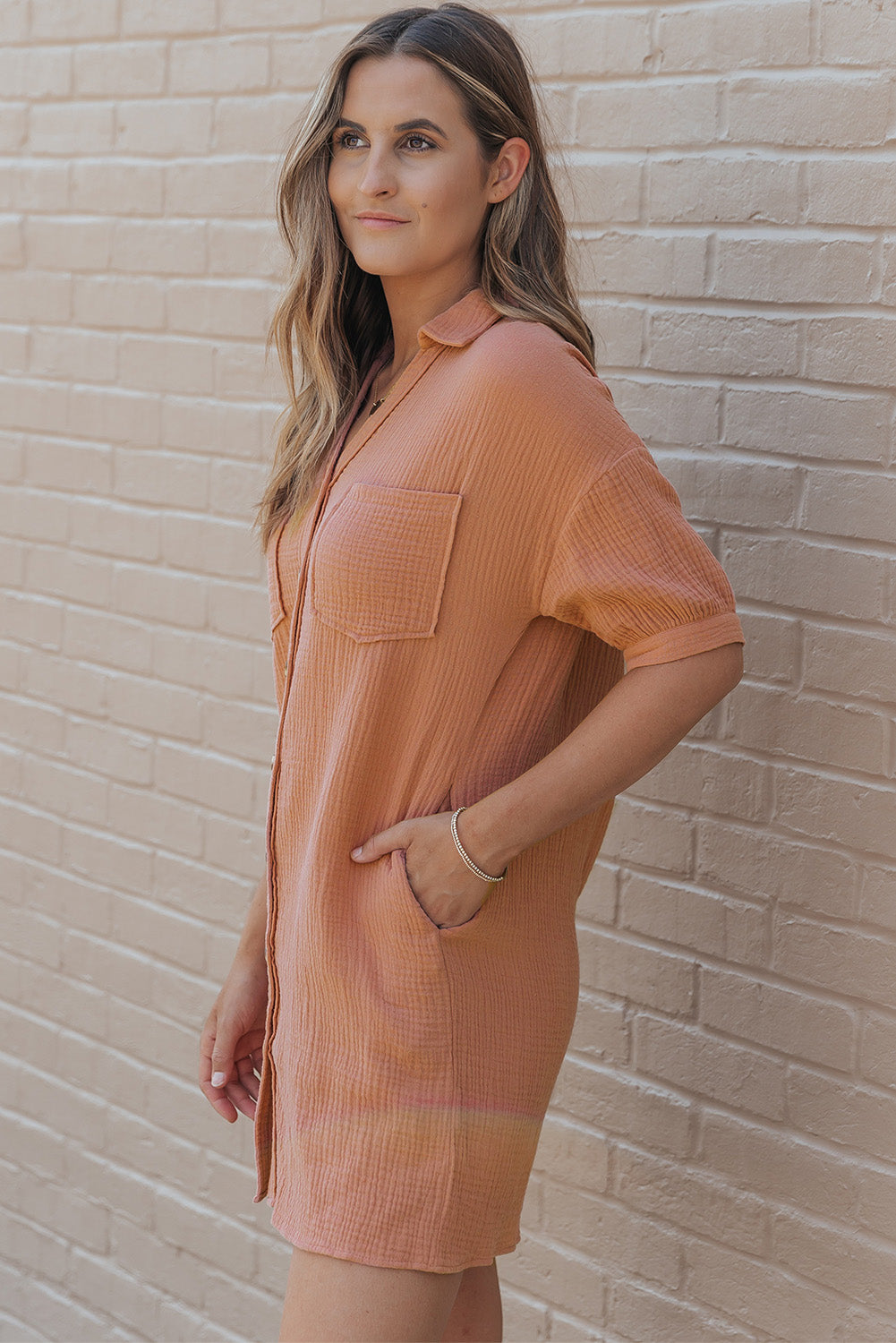 Crinkle Textured Joint Bubble Sleeve Shirt Dress