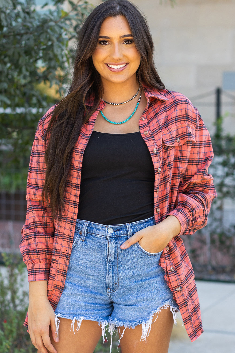 Green Plaid Long Sleeeve Side Split Distressed Hem Shirt