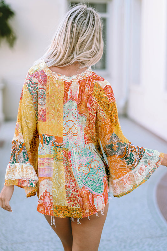 Paisley Print Bell Sleeve Lace V-Neck Button Sheer Blouse