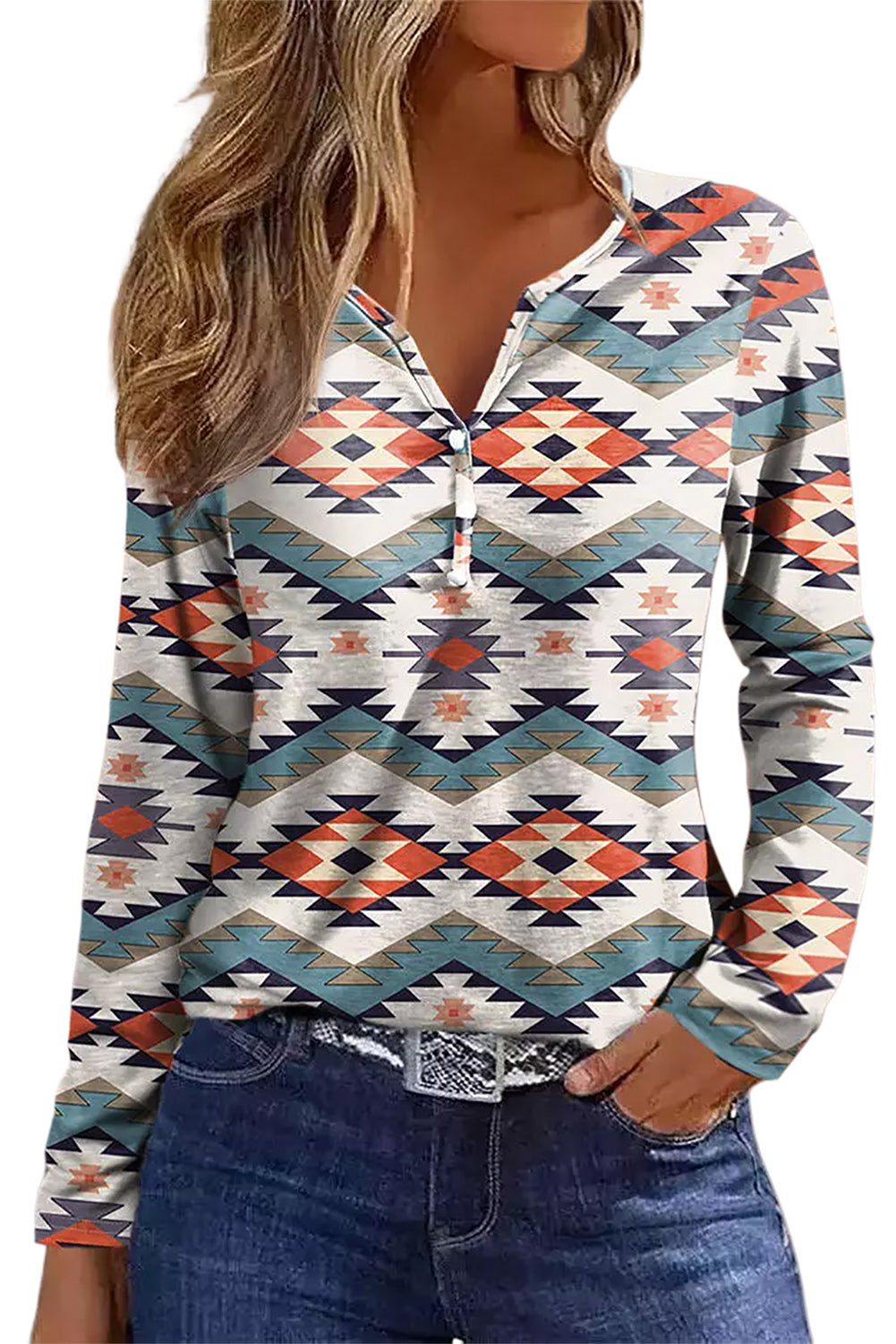 Aztec Geometric Print Long Sleeve Henley Top