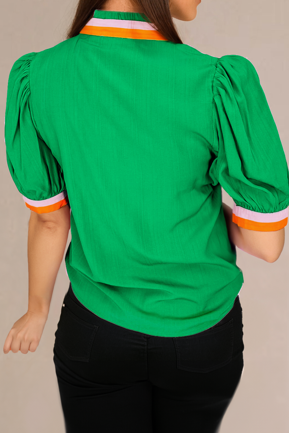 Carrot Colorful Trim V Neck Short Sleeve Blouse