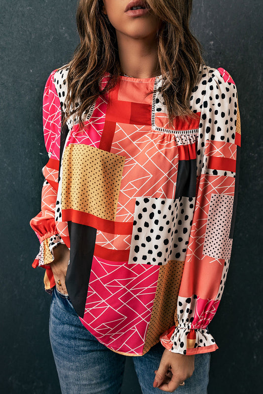 Polka Dot Geometric Patchwork Long Sleeve Blouse