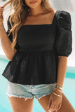 Textured Square Neck Puff Sleeve Peplum Blouse