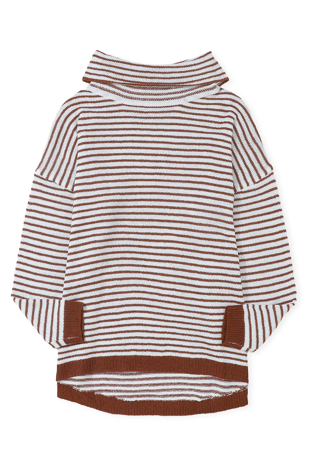 Khaki Striped Turtleneck Loose Sweater