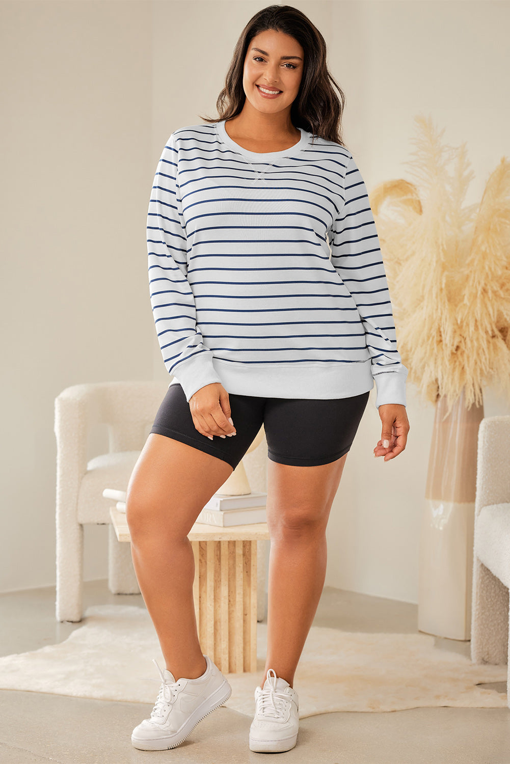 Striped Print Ribbed Trim Long Sleeve Top