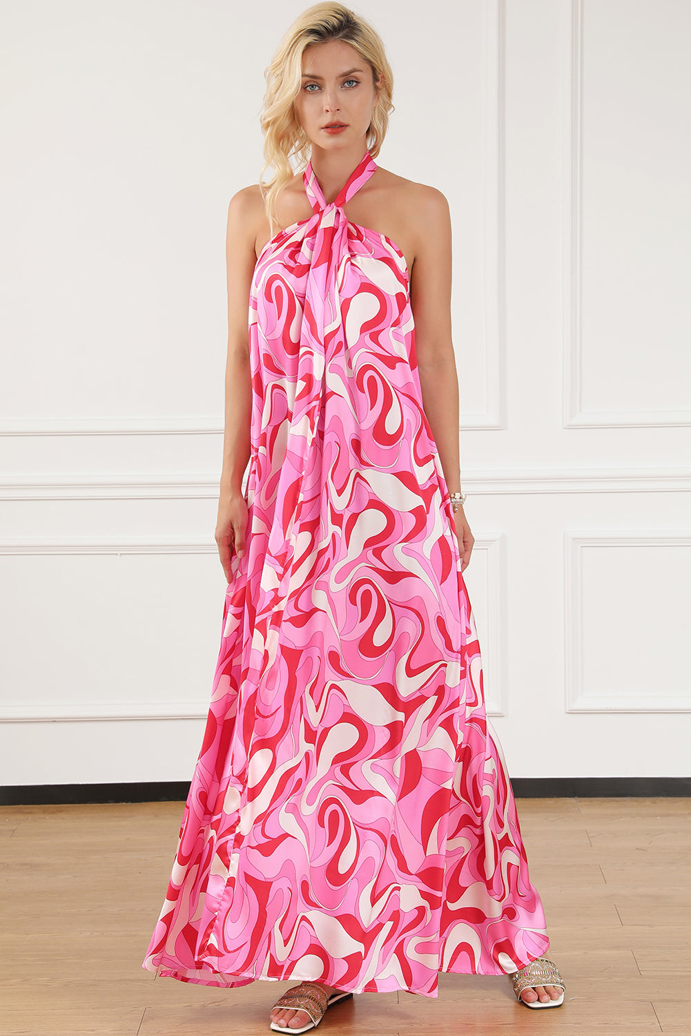 Pink Abstract Swirl Print Halter Maxi Dress