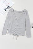 Gray V Cut Drawstring Back Waffle Knit Long Sleeve Top