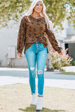 Leopard Print Side Split Loose V Neck Top