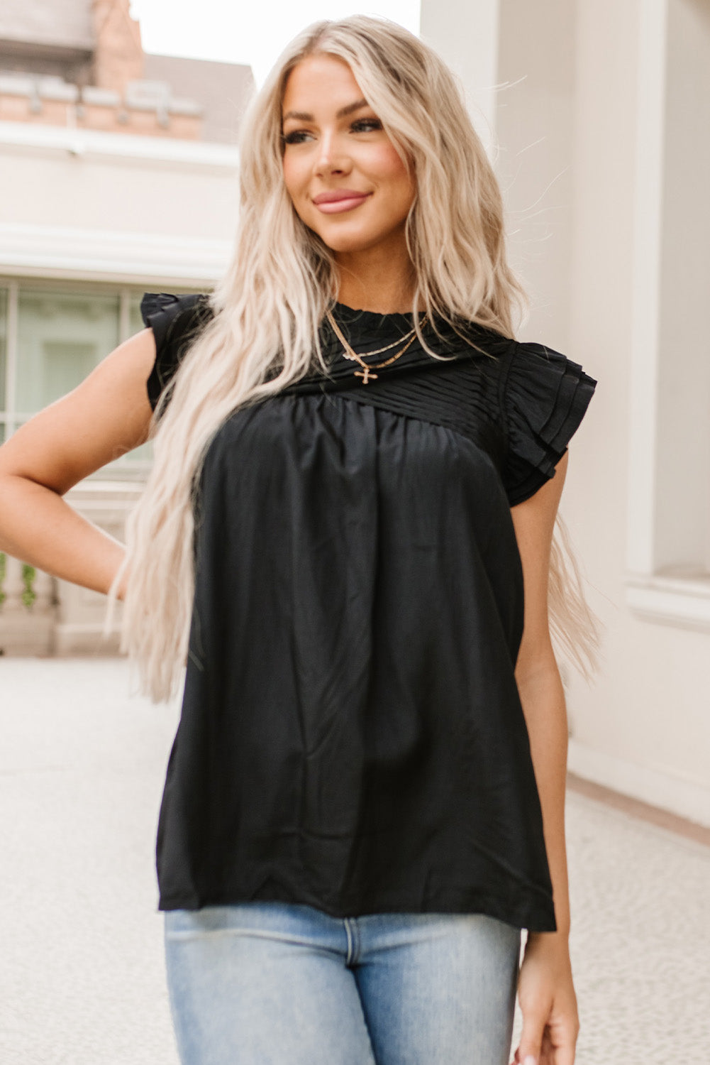 Ruffle Sleeve Pleated Yoke Loose Top