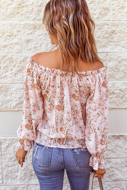 Off The Shoulder Puff Sleeve Ruffled Floral Print Blouse