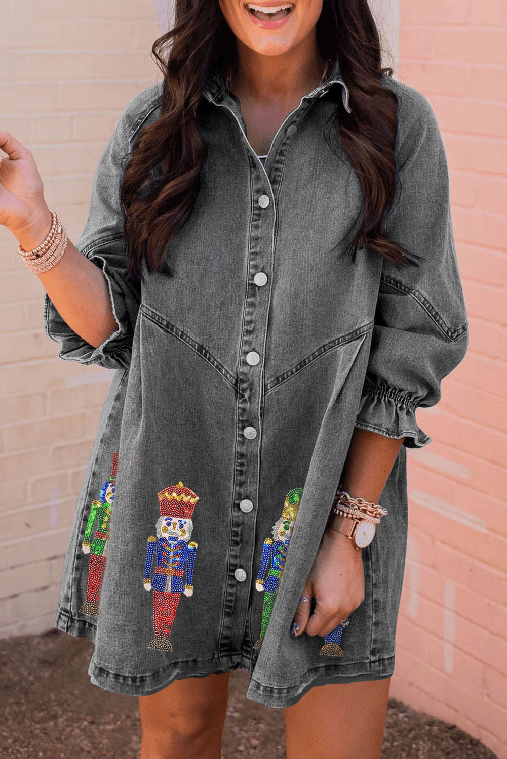 Gray Buttoned Long Sleeve Denim Mini Dress