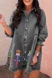 Gray Buttoned Long Sleeve Denim Mini Dress