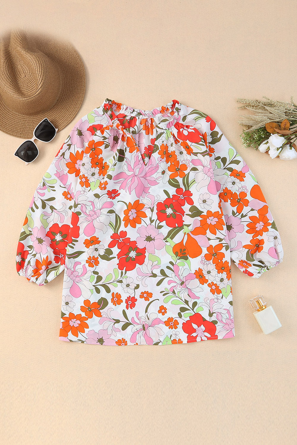 Blooming Flowers Frill Trim Puff Sleeve Blouse