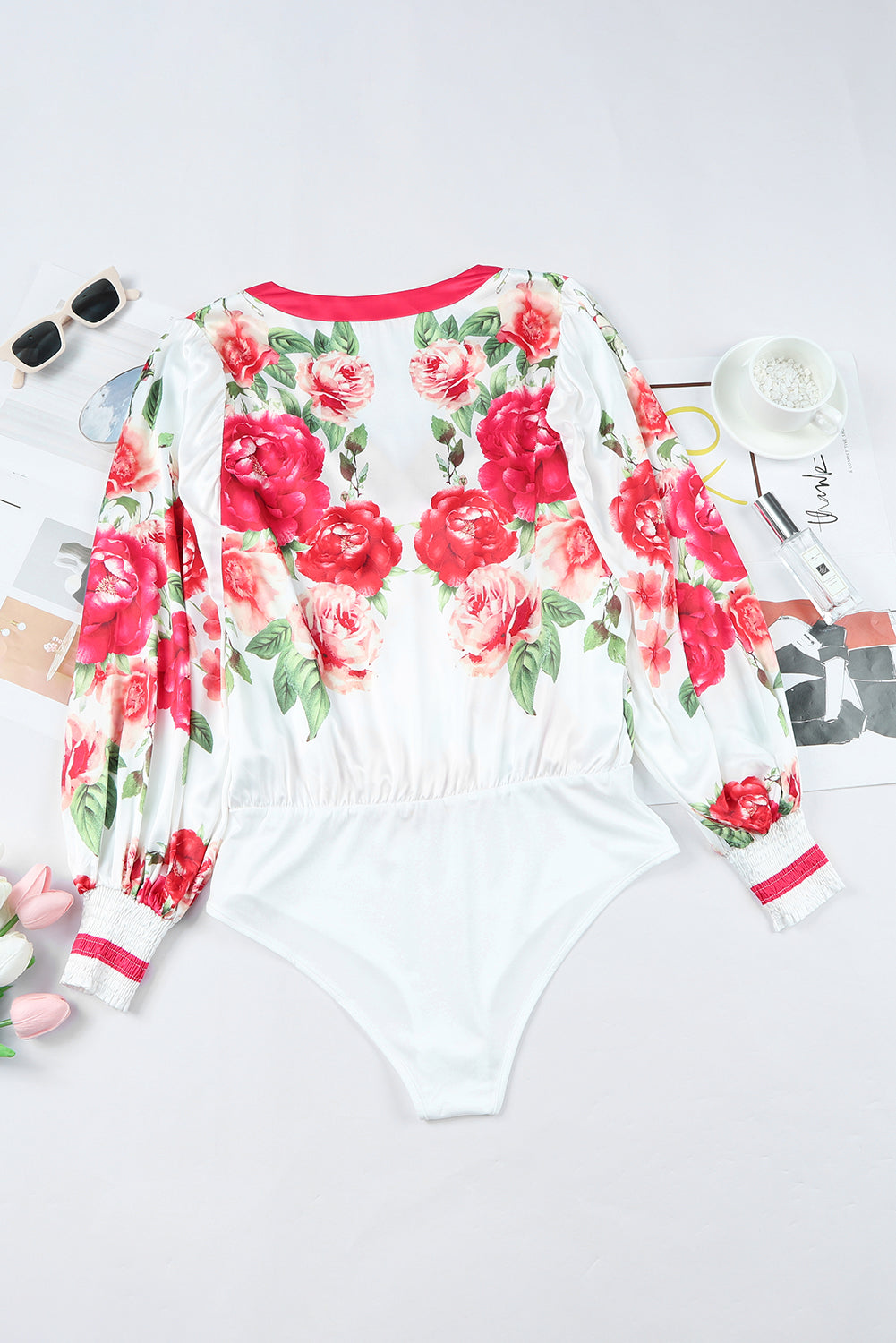 Floral Print V Neck Wrap Bodysuit