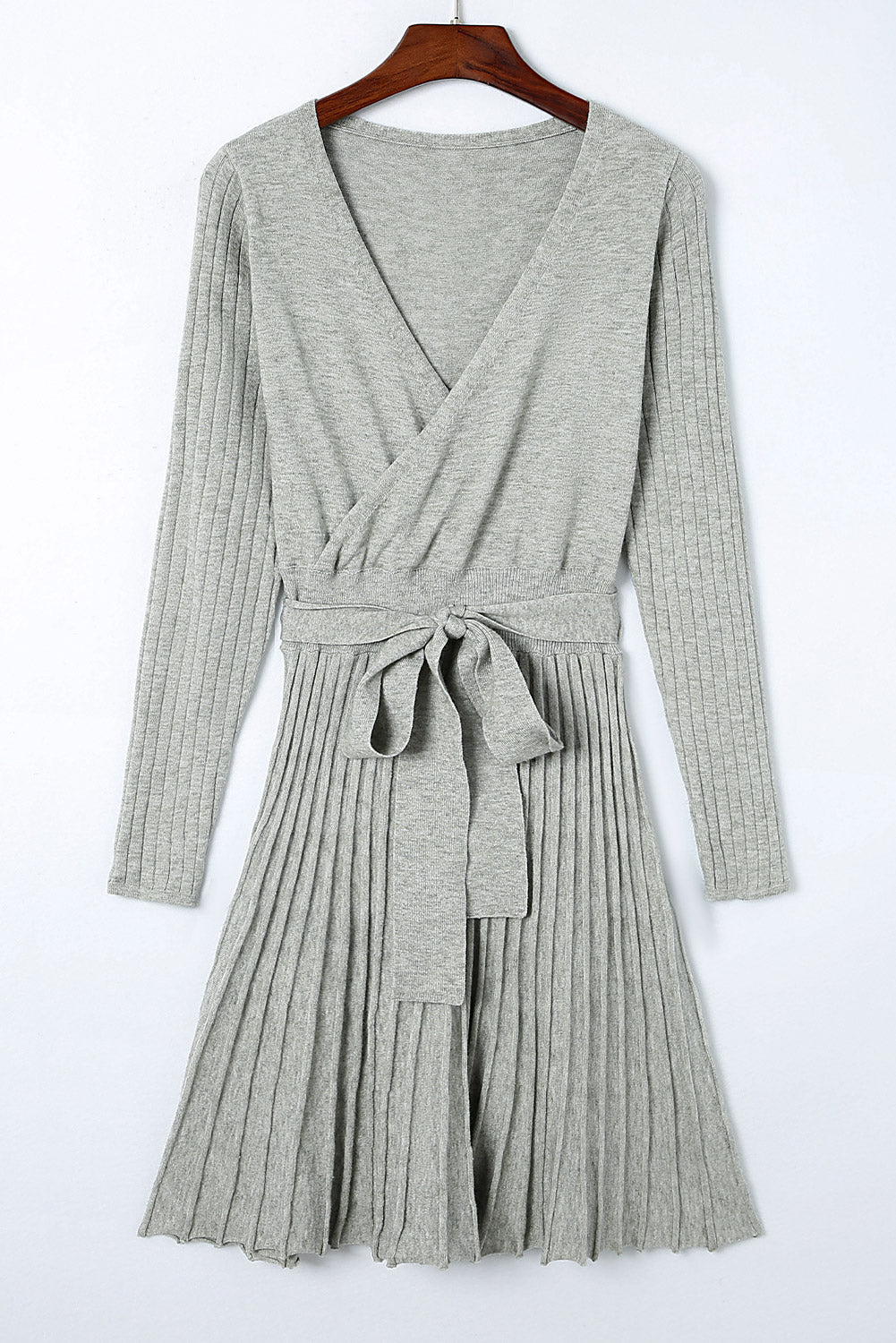 Belted V Neck Ribbed Pleated Sweater Dress