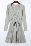 Belted V Neck Ribbed Pleated Sweater Dress