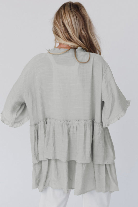 Ruffled Trim Half Sleeve Open Front Kimono