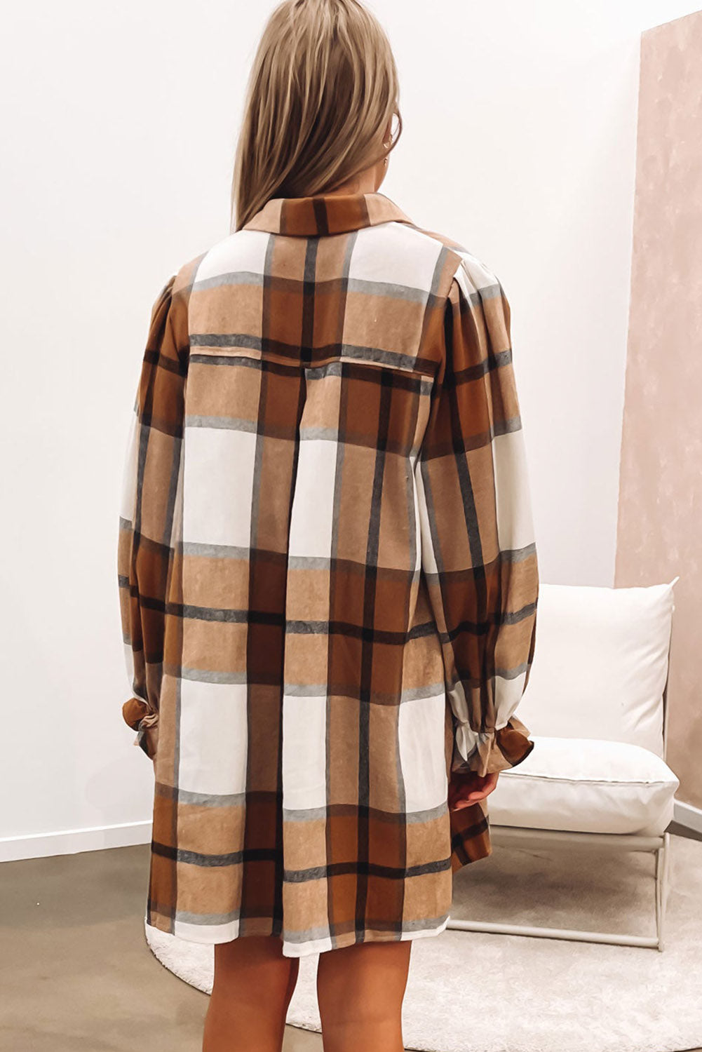 Khaki Western Plaid Button Up Loose Shirt Dress