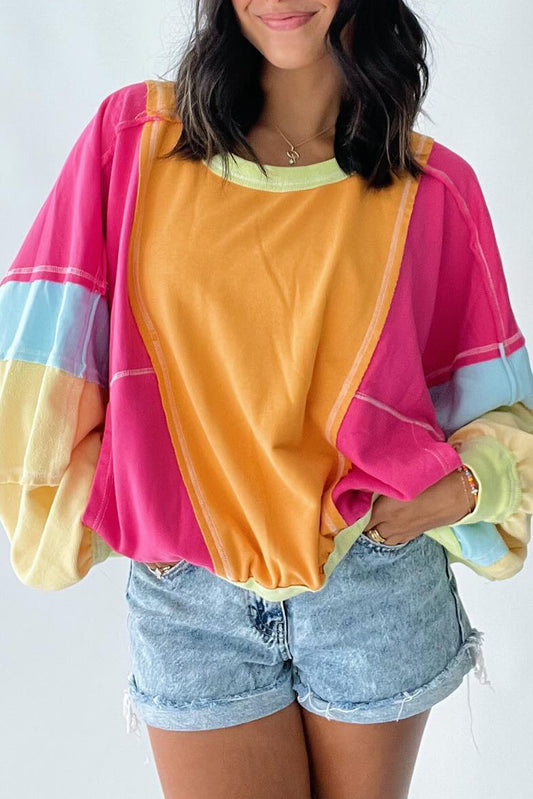 Rose Red Plus Size Colorblock Patchwork Exposed Seam Sweatshirt