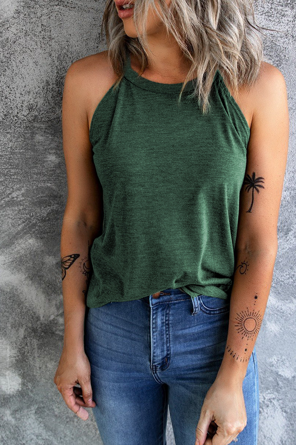 Green Solid Color Crew Neck Tank Top