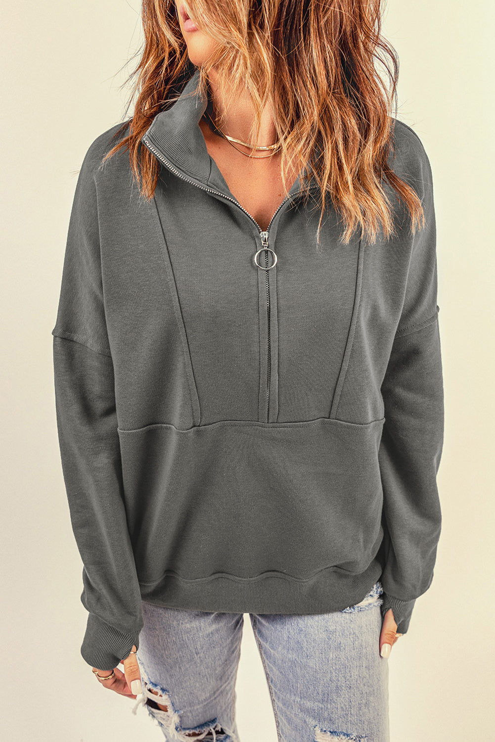 Dark Solid Color Zip Collar Sweatshirt with Pockets