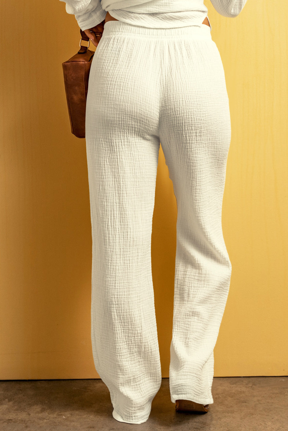 White Textured Loose Fit Drawstring High Waist Pants