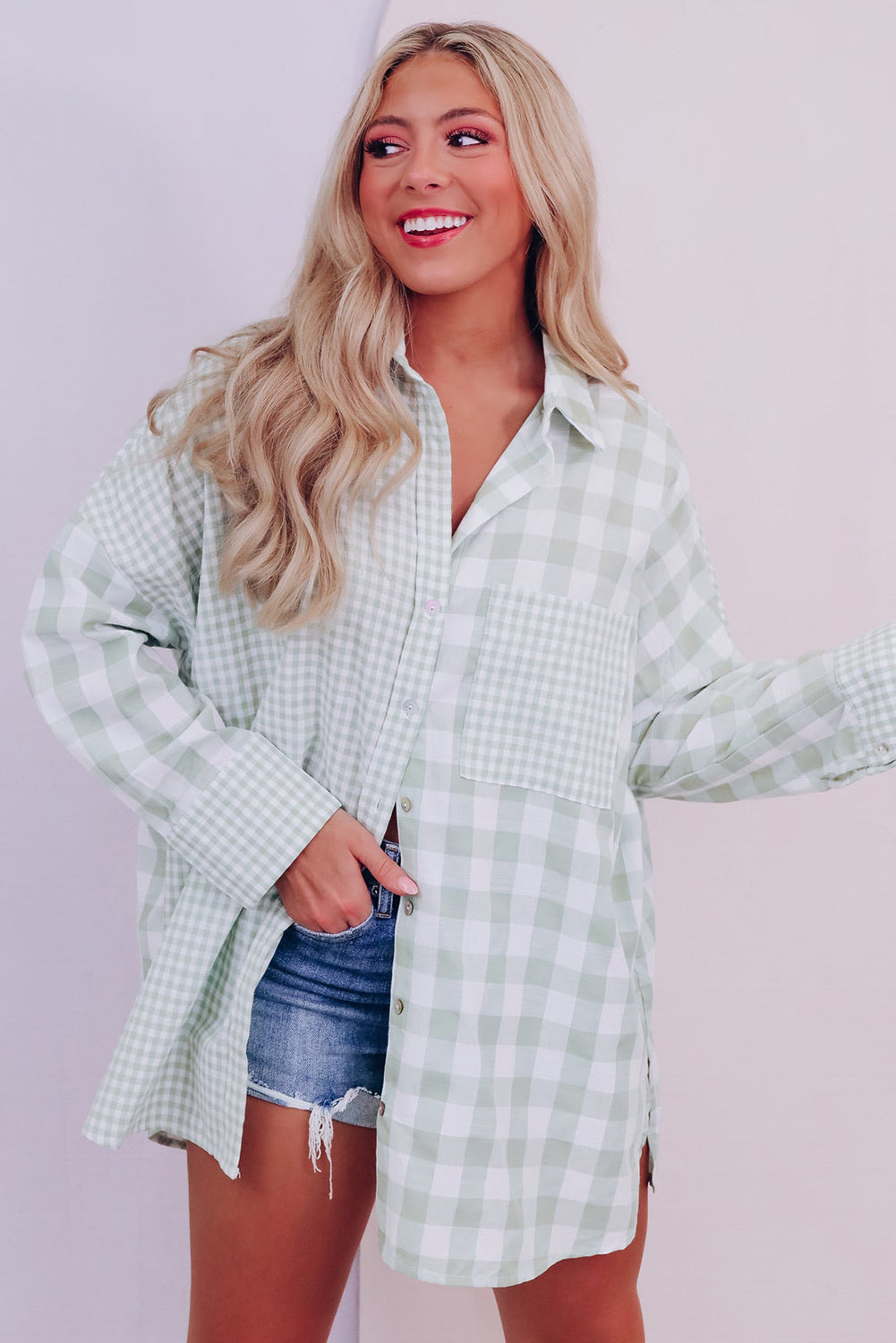 Mix Checked Patchwork Long Sleeve Shirt