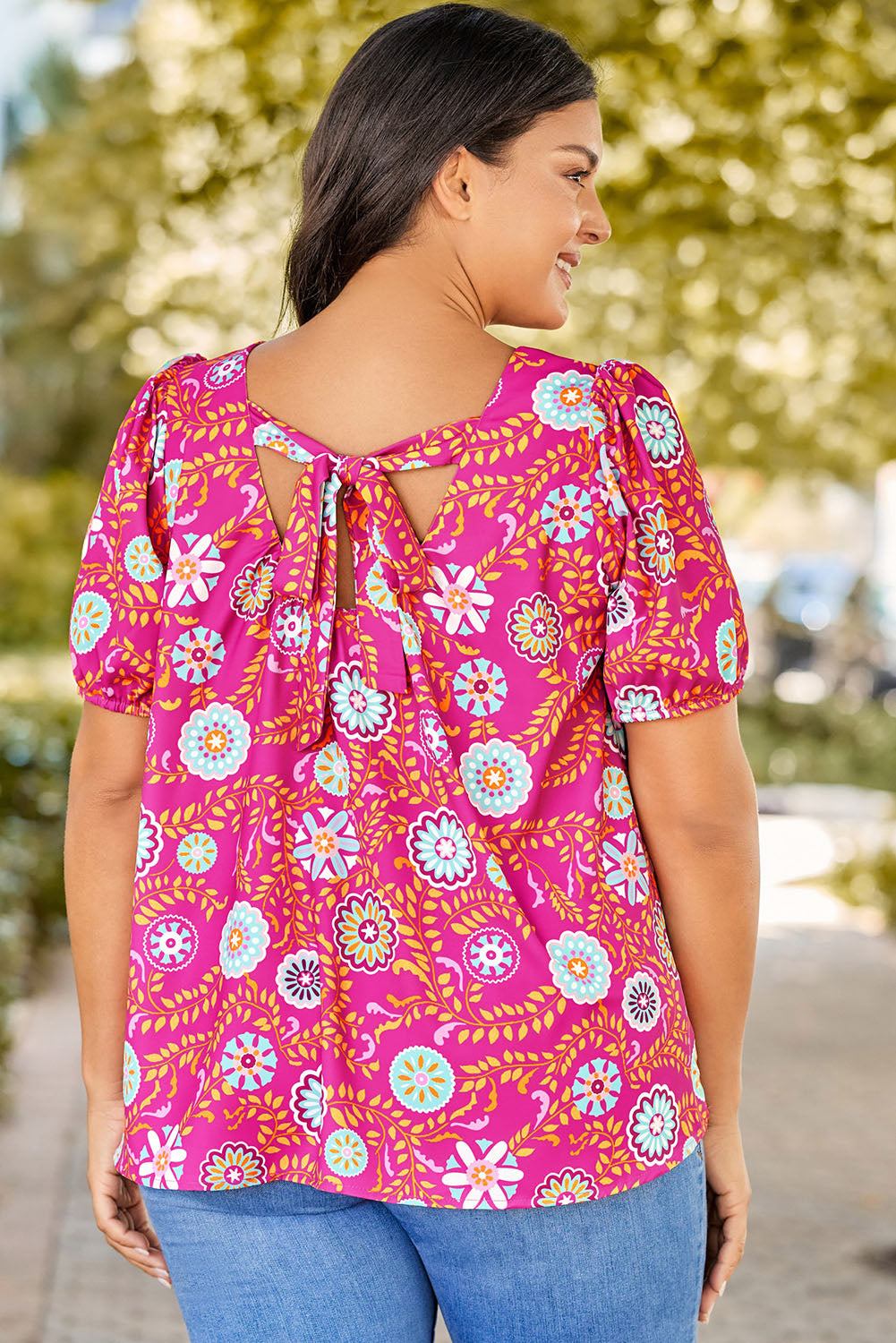 Pink Plus Size Square Neck Floral Blouse