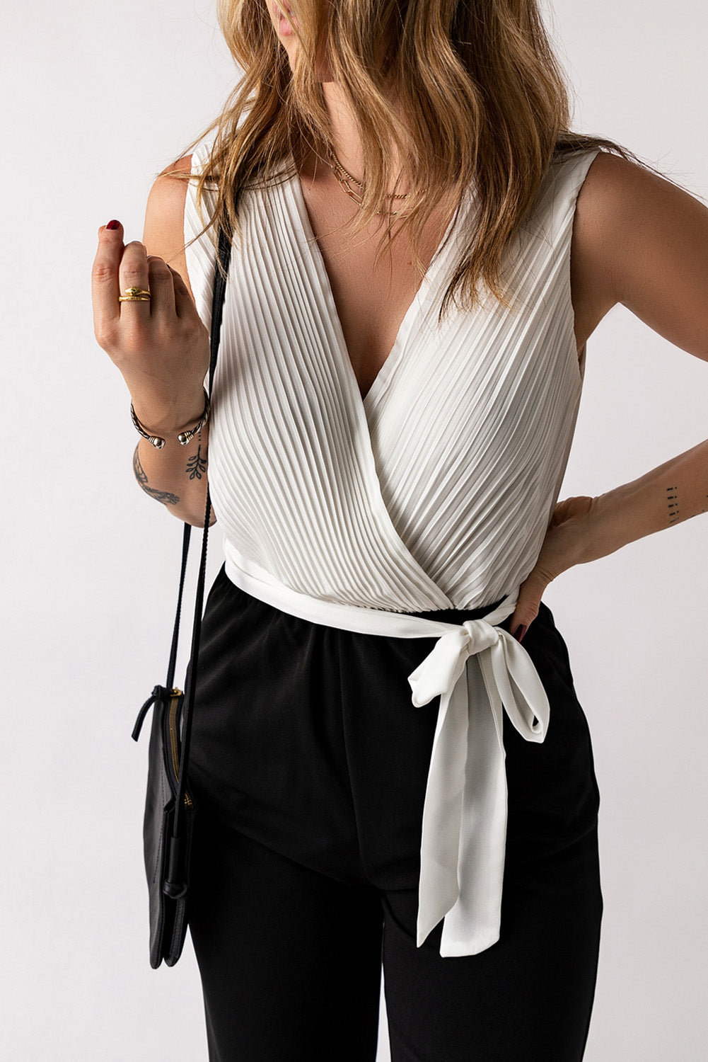 Pleated V Neck Sleeveless Color Block Jumpsuit