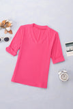 Ribbed V Neck Rolled Short Sleeve T Shirt