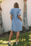 Robe midi en chambray à volants bleu ciel