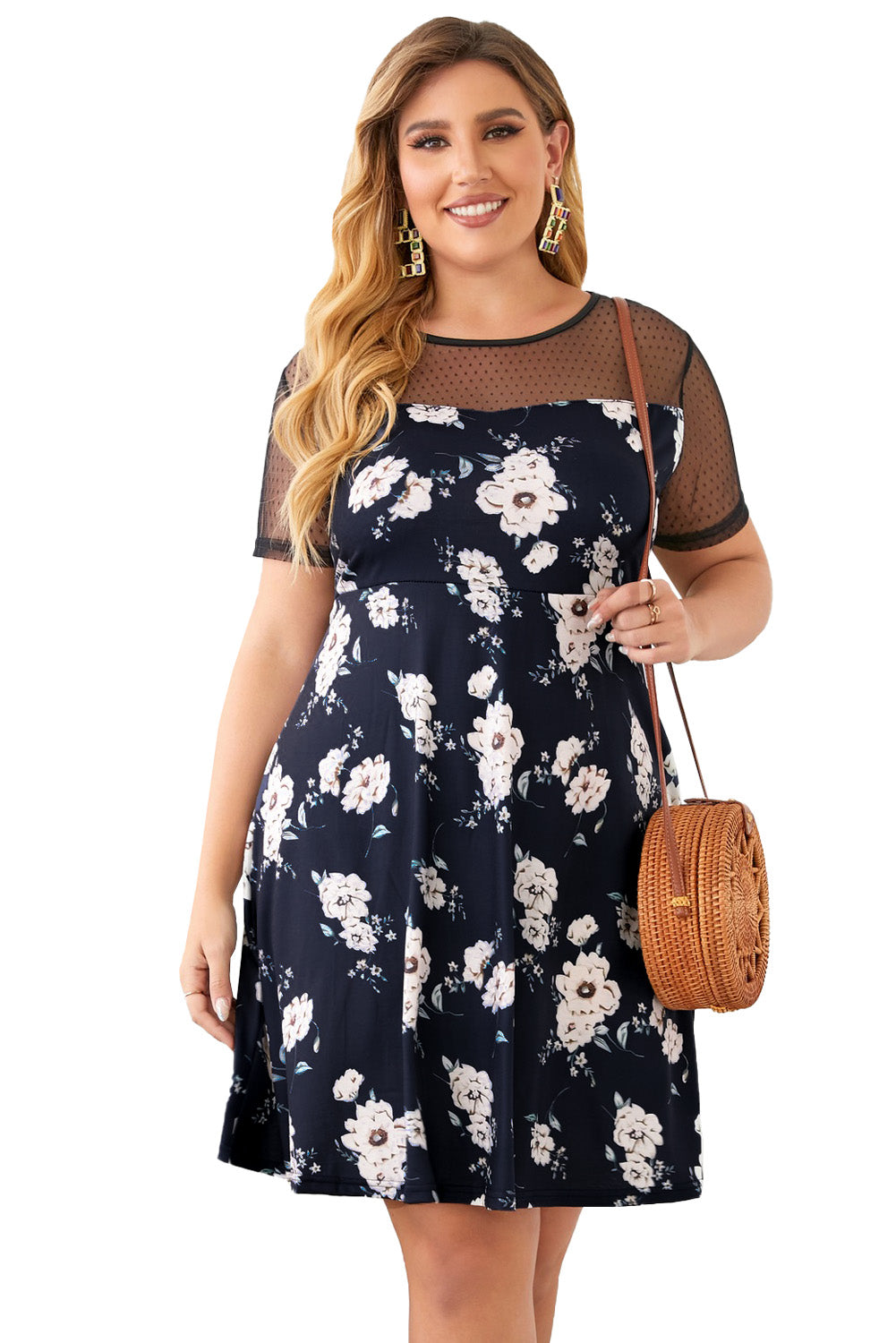 Plus size Floral Print Polka Dots Mesh Patch Mini Dress