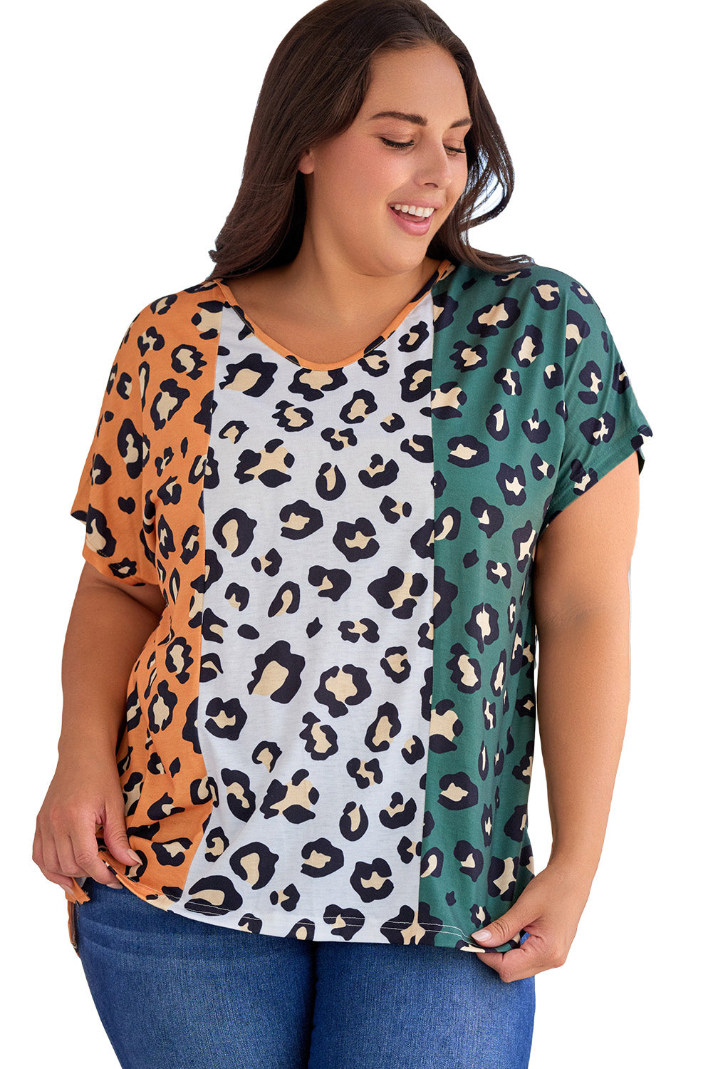 Plus Size Leopard Print Contrast T-Shirt