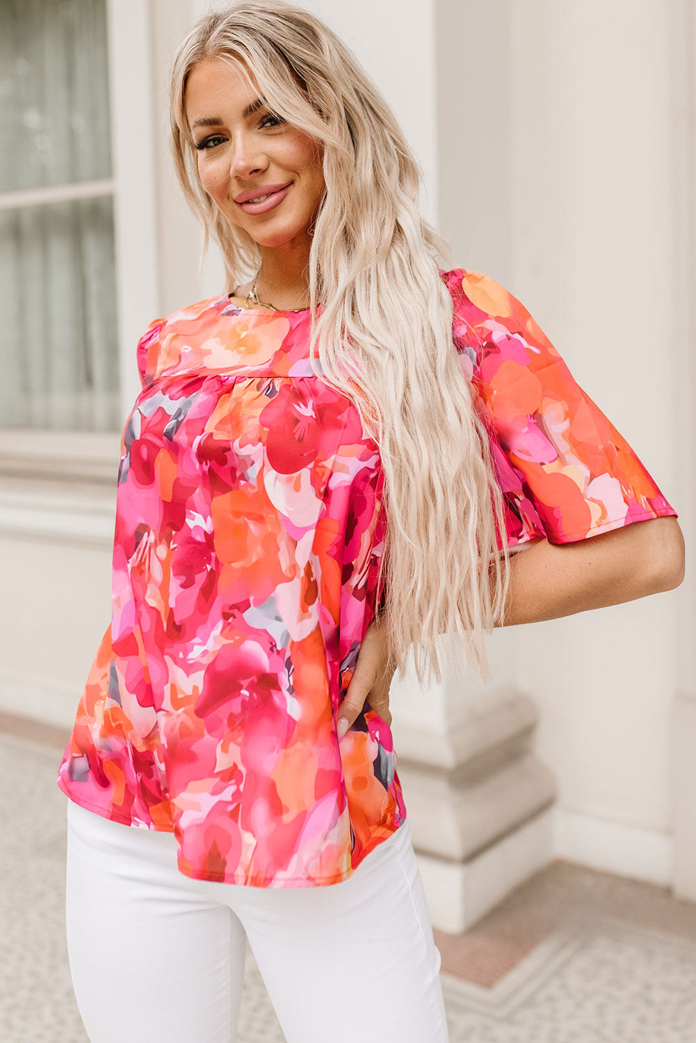 Floral Print Split Neck Tassel Tie Blouse