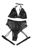 Halter Strappy Faux Leather Mesh Lingerie Set