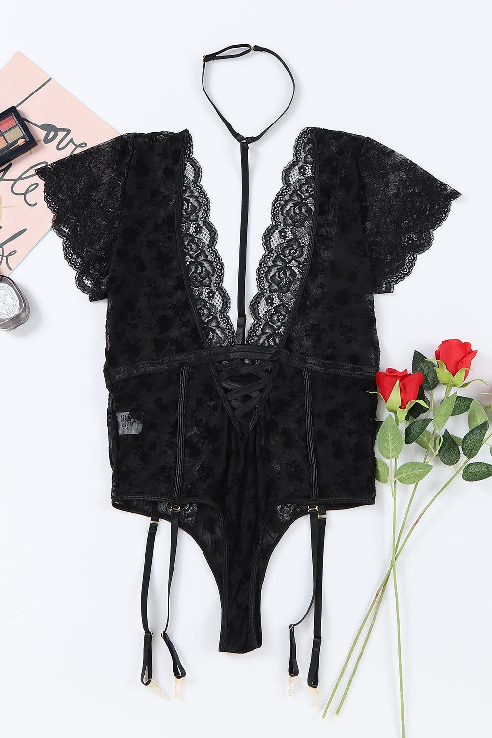 Lingerie Teddy noire en maille et dentelle florale à bretelles de grande taille